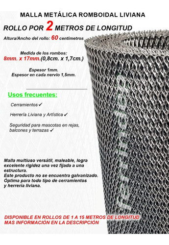 Malla Metál Romboidal Desplegado 8x17mm Rollo 60cm X 2mts 1