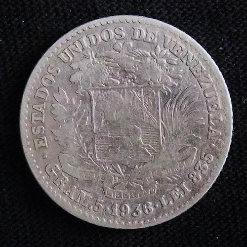 Venezuela 1 Bolivar 1936 Mb Plata Y 22 0