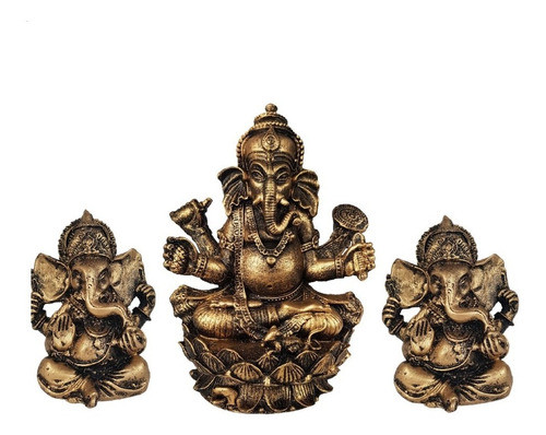 Trio Ganesha Hindu Deus Da Sorte Flor De Lótus + 2 Ganesha P 0