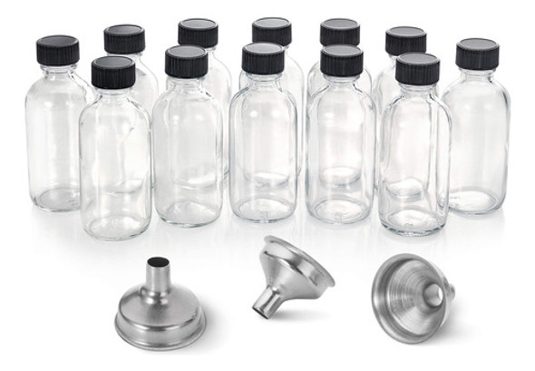 12 Botellas Pequeñas Vidrio Transparente C/tapa+embudo 59ml 0