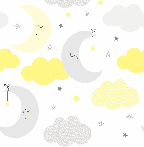 Papel De Parede Adesivo Infantil Lua Nuvens Amarelo E Cinza 0