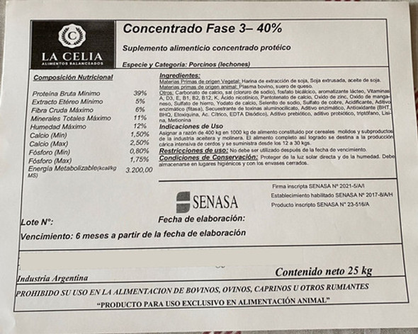 Concentrado Fase 3 Al 40% (p/ Lechones De 10 A 18kg) X 25kg 1