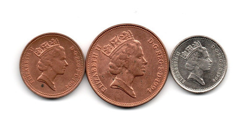 Gran Bretaña Inglaterra Lote 3 Monedas 1, 2, 5 Pence Año '94 0