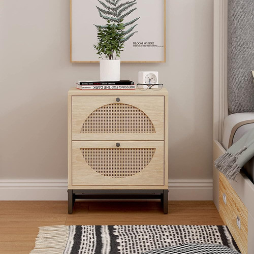 Awqm Rattan Mesita De Noche Con 2 Cajones, Mesa Auxiliar De 1