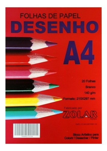 Bloco Desenho A4 140g 20 Folhas Branco Zolar Kit Com 3un 0
