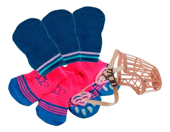 Set Bozal Cesta Canasta + Medias Antideslizante Mascotas 0