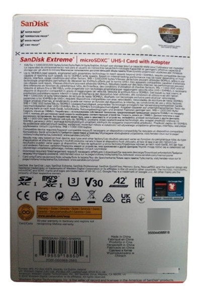 Micro Sd 256gb Sandisk Extreme U3 V30 A2 4k 190mb/s La Plata 1
