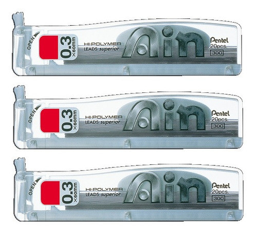 3 Tubos Grafite Pentel Ain Hi-polymer 0,3mm B 20 Minas 0