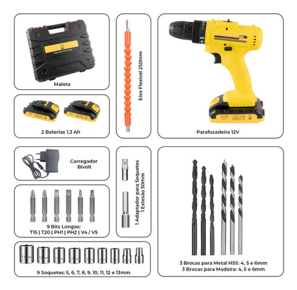 Parafusadeira Furadeira 12v Kit C/ 2 Bat + 25 Acessórios Eda 1