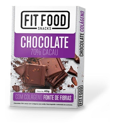 Chocolate Fit Food 70% Cacau Com Colágeno 40gr - Kit Com 2 0