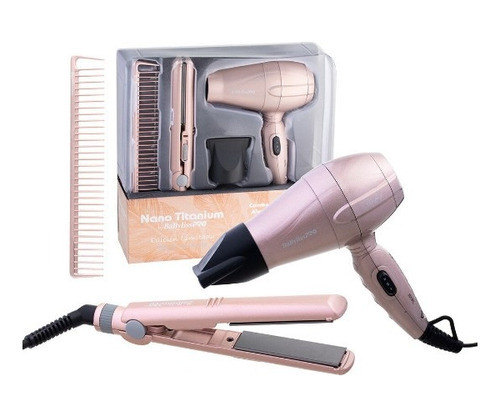Kit Viagem Mini Secador + Mini Prancha Babylisspro Rose Bi 1