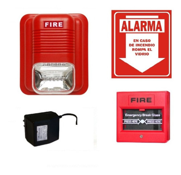 Alarma Sirena Contra Incendio Y Pulsador Avisador Fuente220v 0