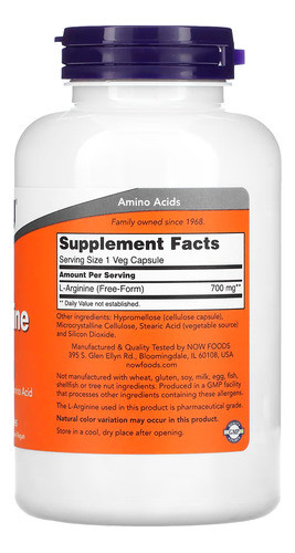 L-arginina 700mg Now Foods 180 Cáps Importados 1