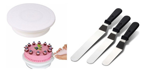 Kit Reposteria Plato Giratorio + 3 Espatulas Escalon Acero 0