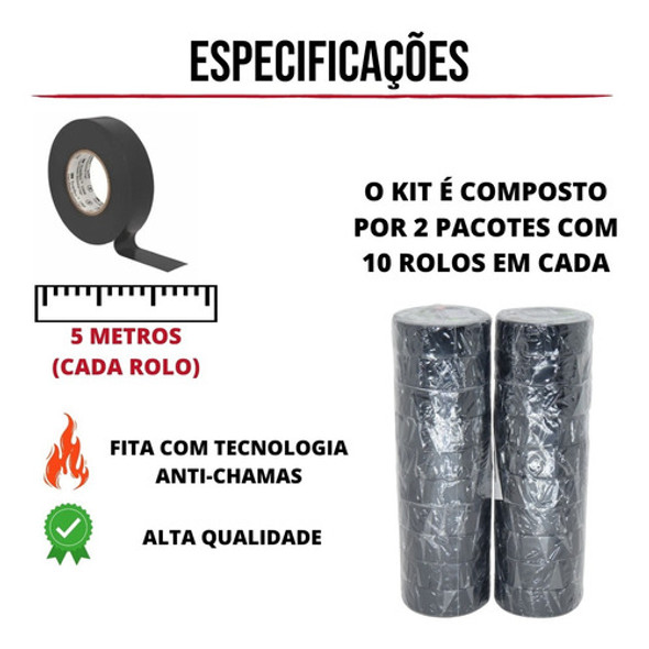 Kit 20 Rolos Fita Isolante Adesiva Antichama Preta 2 Pacotes 1