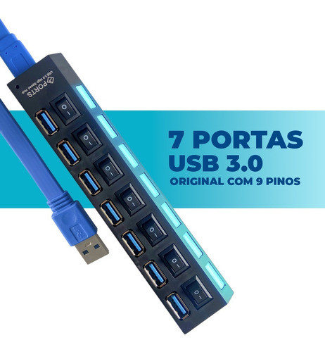 Regua Hub Usb 3 0 Ultra Rapido 7 Portas Para Pen Drive E Hd 1