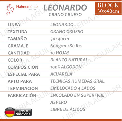 Block Acuarela Leonardo 100% Algodon 30x40 Grueso Hahnemuhle 1
