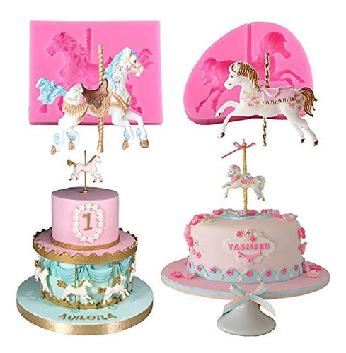 2pcs / Set Carrusel Caballo Silicona Cake Fondant Moldes Mer 0