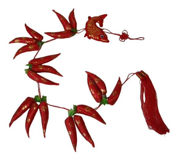 Móbile Pimenta Peixe Tecido Bordado Nó Chinês 0
