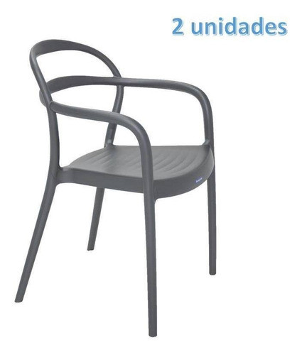 Kit 2 Cadeiras Plastica Monobloco Com Bracos Sissi Grafite T 1