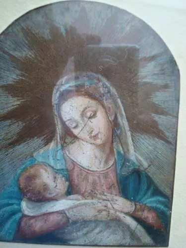 Plaqueta Antigua Italiana De Bronce Pintado  Madonna 1