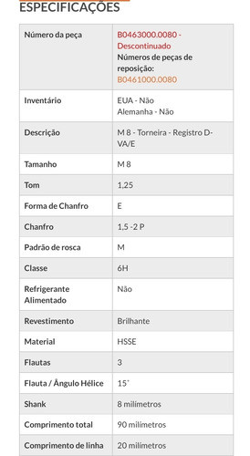 Macho Rekord M8 Emuge B0463000.0080 Atual B0461000.0080 1