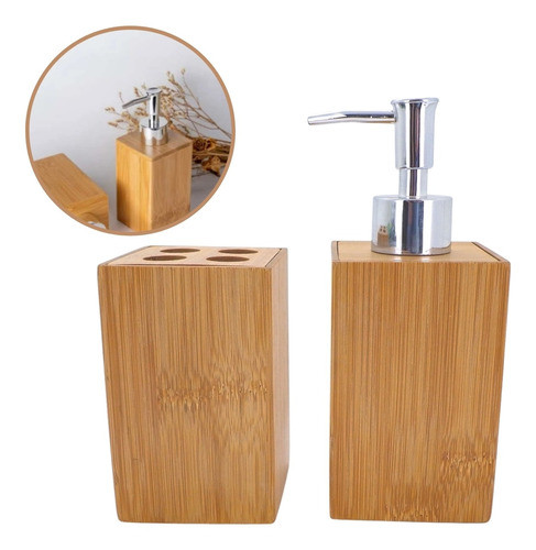 Jogo Banheiro Bambu Dispenser Sabonete E Porta Escova 0
