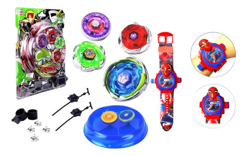 4 Beyblade Metal 5d Tornado + Relógio Projetor Homem Aranha 0
