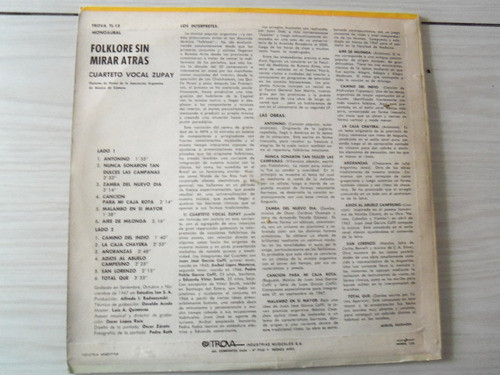 Vinilo Discos Folklore Sin Mirar Atrás, Cuarteto Vocal Zupay 1