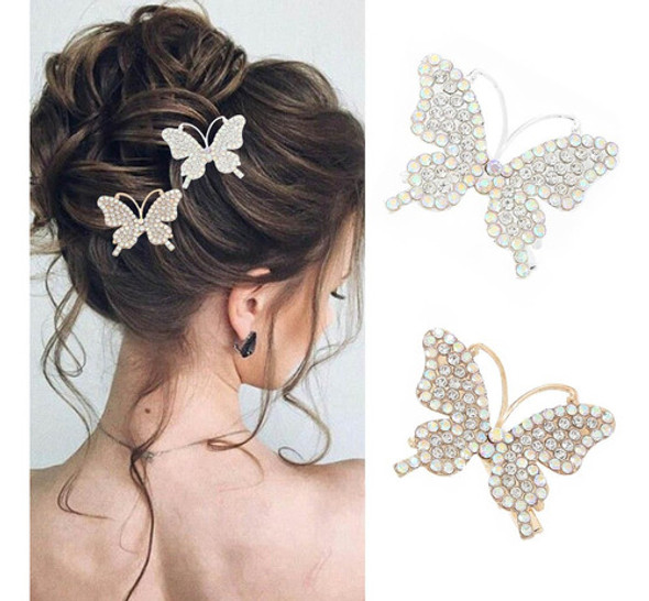 Hebillas Mariposas De Strass  Para El Pelo 2u Gold Silver 1