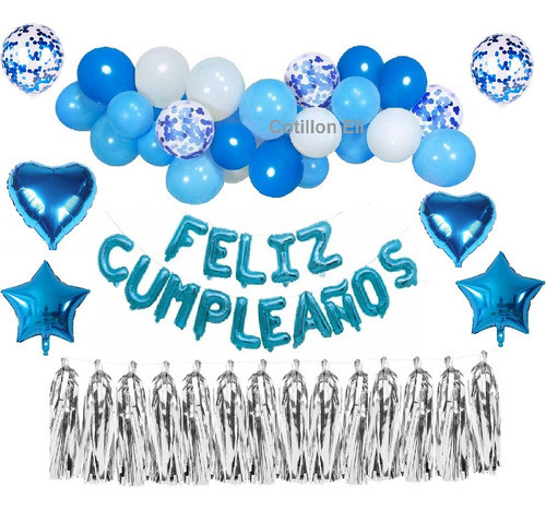 Set Feliz Cumpleaños Azul Plateado  Estrella Confeti Borlas 0
