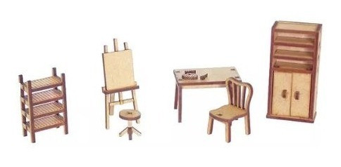 Kit 6 Miniatura Ateliê Pintura Cavalete Banquinho Mesa Mdf 1