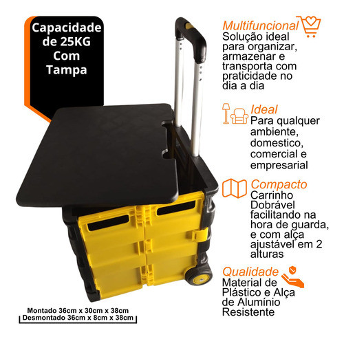 Caixa Carrinho Dobravel Preto Amarelo Com Tampa Organizador 1