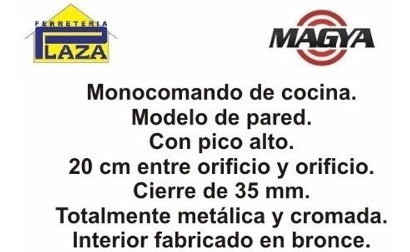 Monocomando Pared Cocina 20 Cm Pico Alto Magya 1 Monocomando Pared Cocina 20 Cm Pico Alto Magya 1