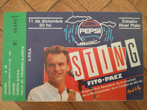 Ticket Original Concierto Sting En Argentina (1987) 0