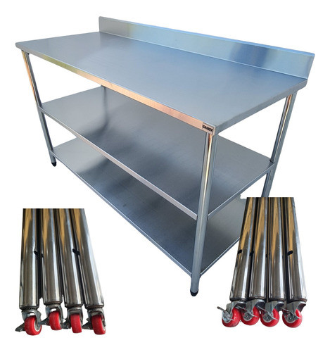 Bancada Inox 70x50 Industrial Rodinhas Espelho 2 Prateleiras 0