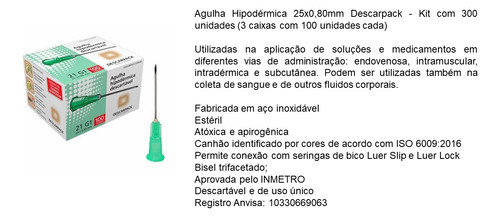 Agulha HiPodérmica Descarpack 25x0,80mm - Kit 300 Unidades 1