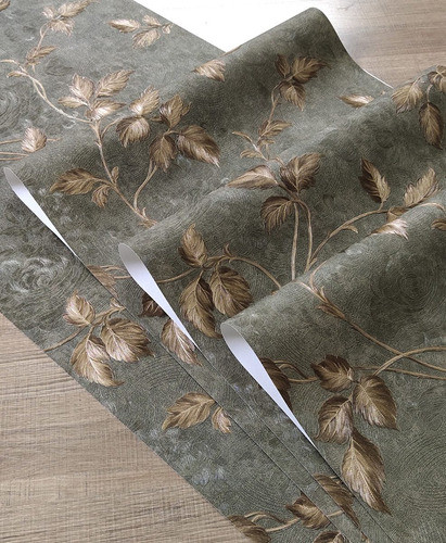 Papel De Parede Importado Verde Musco Com Folhagem Dourado 1