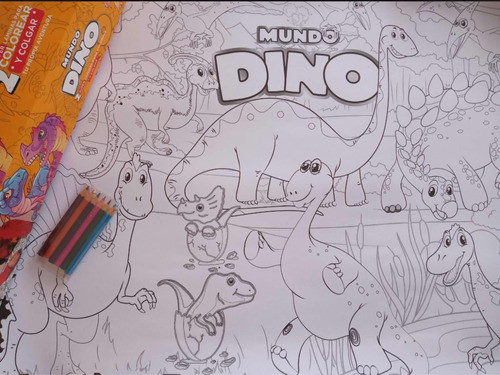 Dos Súper Láminas Para Colorear Dinos + 6 Lápices 1