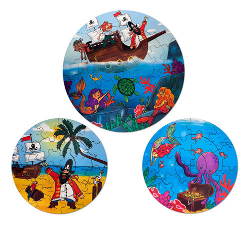 Rompecabezas Circular 78 Pzas Madera Piratas Y Sirenas X3 1