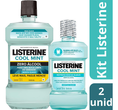 Kit Antisséptico Listerine Cool Mint Zero Álcool 1,5l+250ml 0
