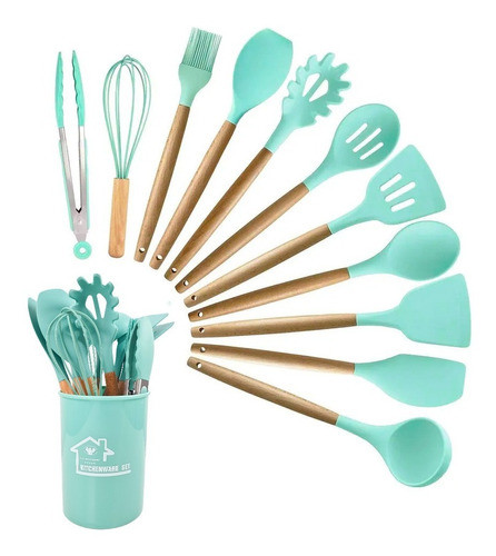 Set X 12 Pzs Utensilios Silicona Con Base Calidad Premium 1