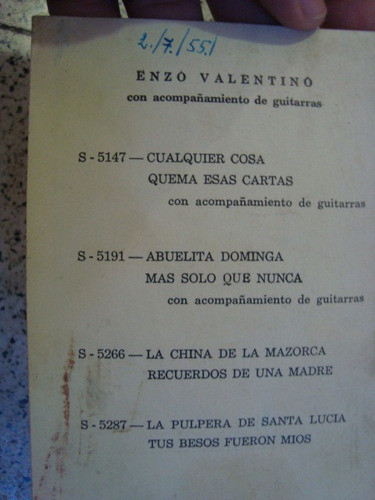 Tarjeta Artista Enzo Valentino  Cantor Musica Tango 1