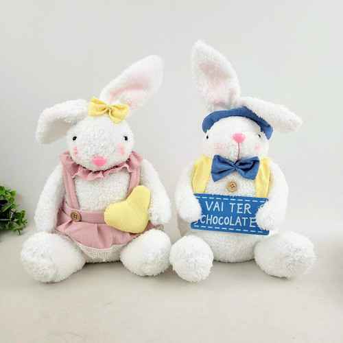 Casal De Coelho Sentado Branco Azul E Rosa 36/37cm Páscoa 1