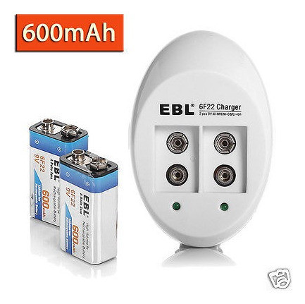 2 Pack Li-ion Recargable Baterías 9v 600mah + Batería Cargad 1