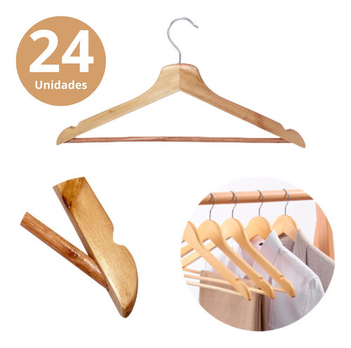 Kit 24 Unidades Cabide De Madeira Marfim Com Verniz 1