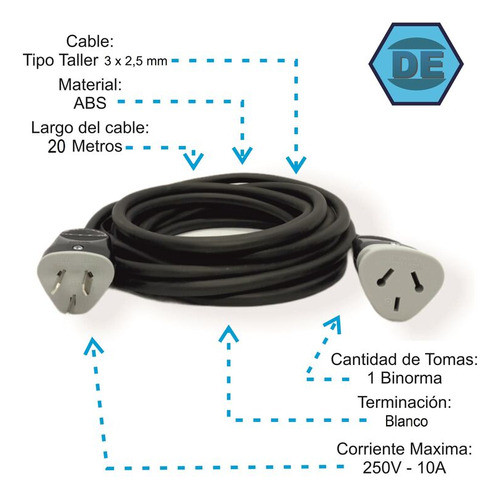 Alargue Prolongador 20 Mts - 3x2.5mm - Fichas Exultt 10a 1