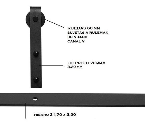 Kit Herraje  Puerta Granero/ Colgante  Riel 2.60 Mts. 1