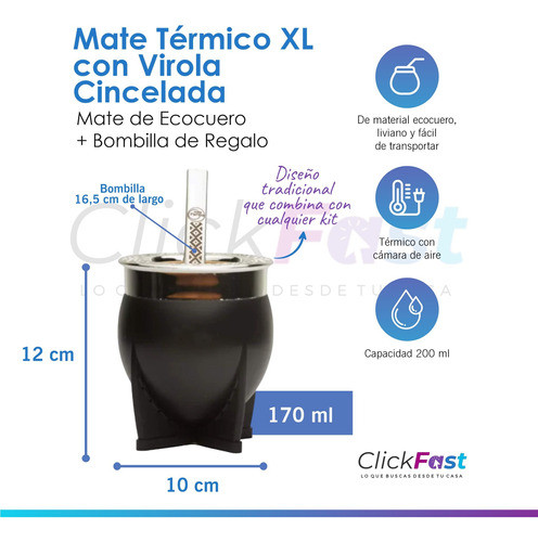 Set Matero Termo 1l Mate Pampa Xl Imperial Negro Bombilla 1