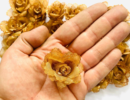 48 Flores De Tecido Com Glitter 6cm - Marrom Claro 1